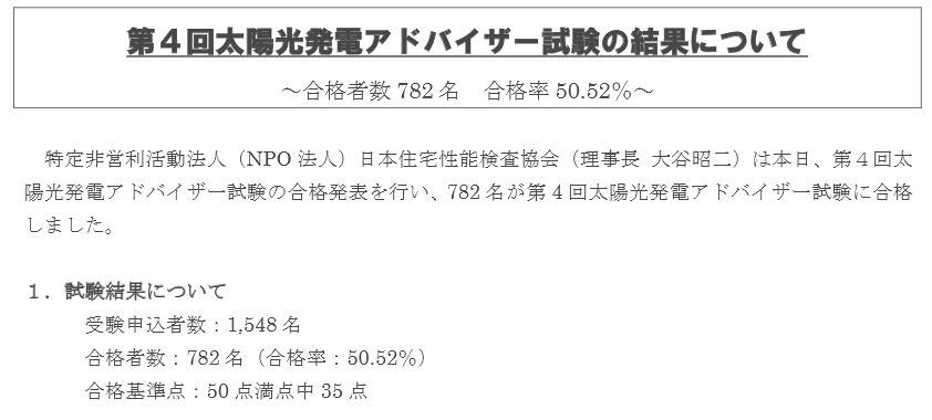 第4回太陽光発電アドバイザー試験結果発表